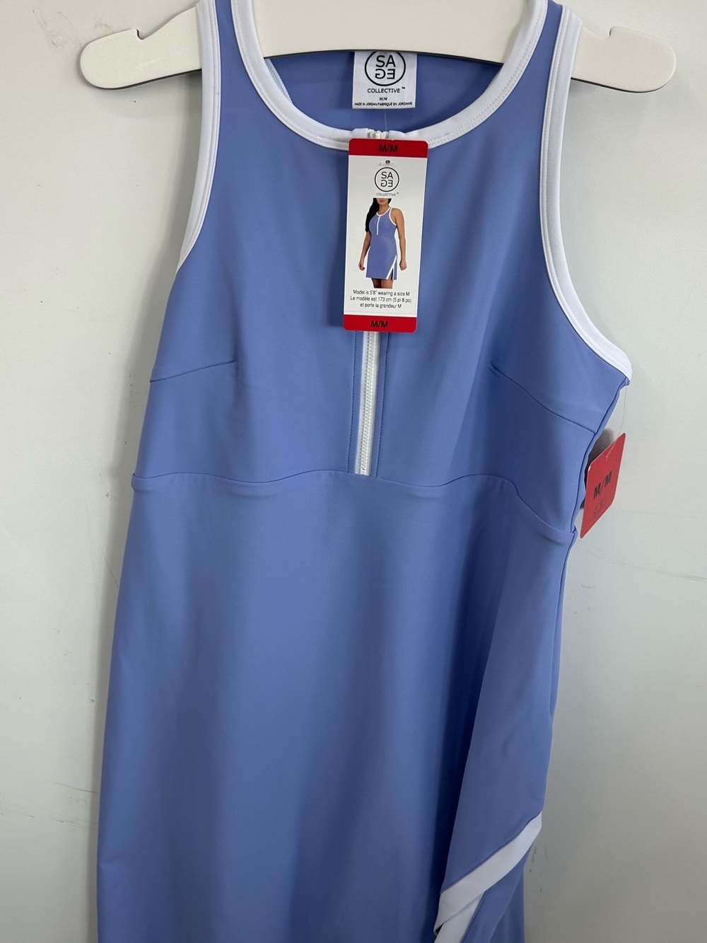 Sage periwinkle athletic dress with white trim